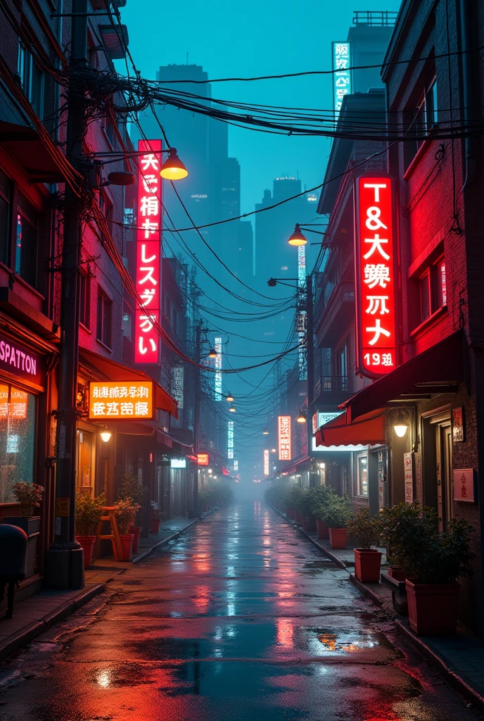 cyberpunk city background, older looking street, neon signs