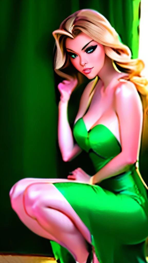 a woman in a short green dress standing next to a couch, alluring, gorgeous beautiful, elize theron, beautiful gorgeous, gorgeous, beautiful silky dress, amber heard squatting on a bed, beautiful angle, by Juan Carlos Stekelman, soft silk dress, blonde goddess, absolutely gorgeous, gorgeous and beautiful, sleek curves, taylor swift with green dress