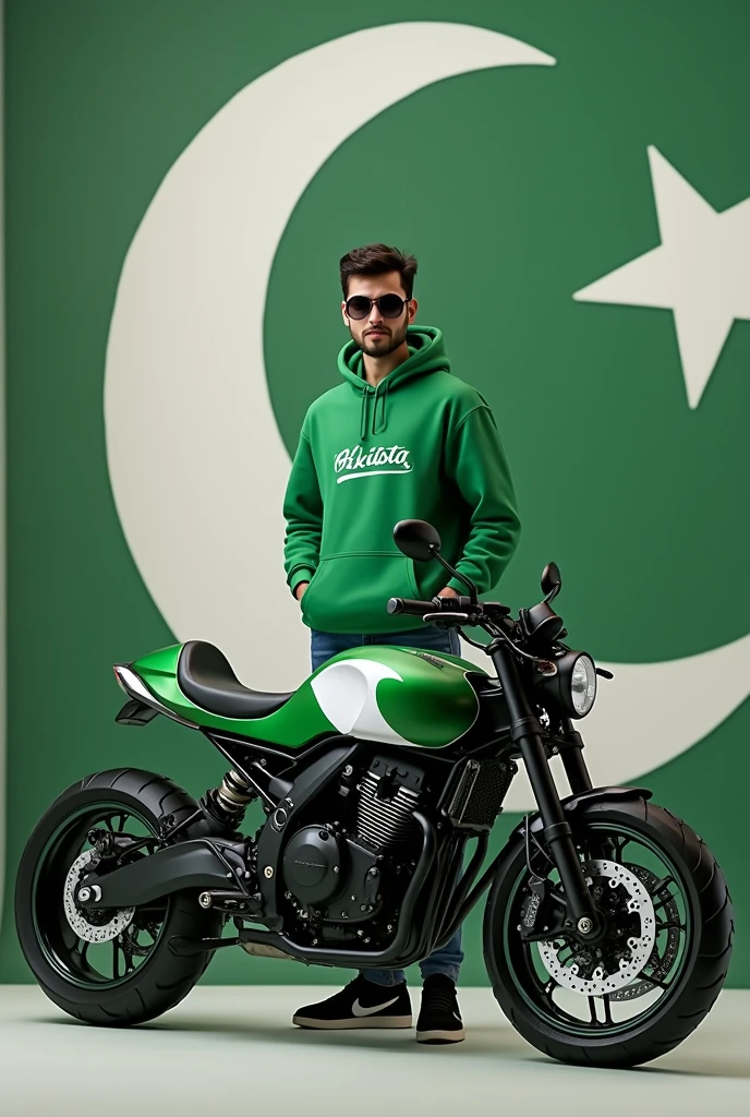 Create 3D illusion for a profile picture where a 23-Year-old cute boy in a GREEN hoodie in front write name "fahad" stand beside casually on a Pakistani Colored Green and white GSX-R1000, Wearing black sneakers, and sunglasses, he looke ahead Pakistani flag in his bike, The bike
 features is beautiful