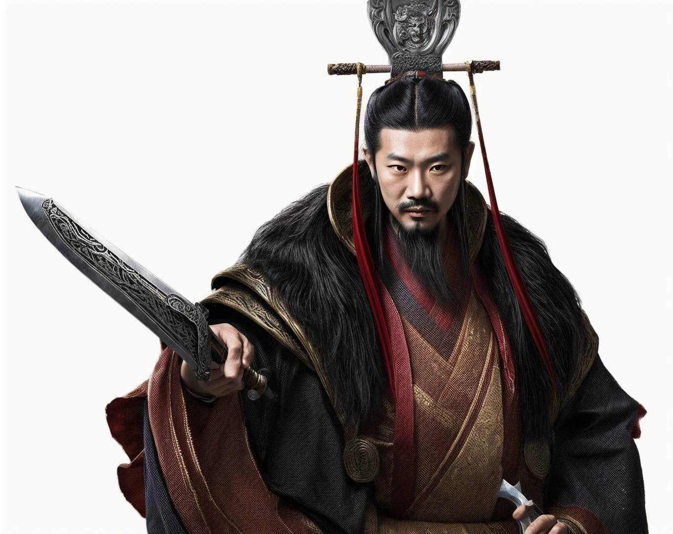 an image of an asian man dressed in traditional clothing with a sword in his hand, black beards, authoritative face, from three kingdoms, Emperor of the Han Dynasty, realistic, white background, 8k, super detail, ccurate, best quality, detail of hand holding sword