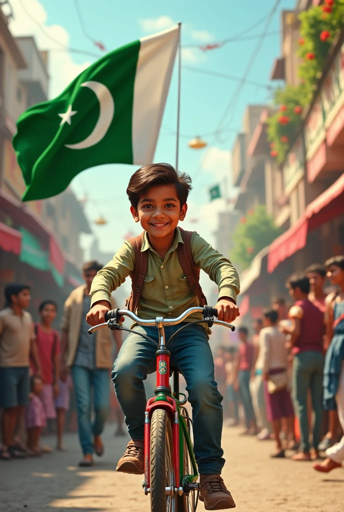 Create a photo of cute and handsome boy who set on a bike having Pakistan's flag and there also more people and on wall there written Pakistan independence Day