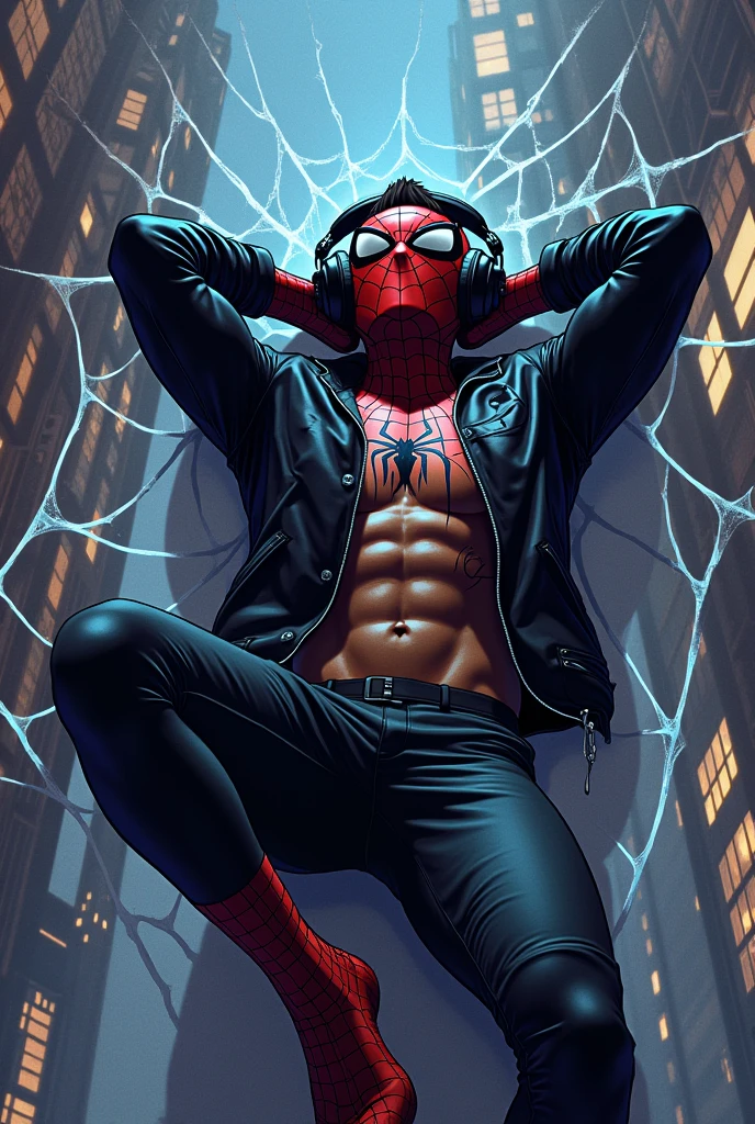 Miles Morales in his black Spiderman suit , comic type , without mask, with his arms behind his head , lying on a spider web and listening to music with big headphones
