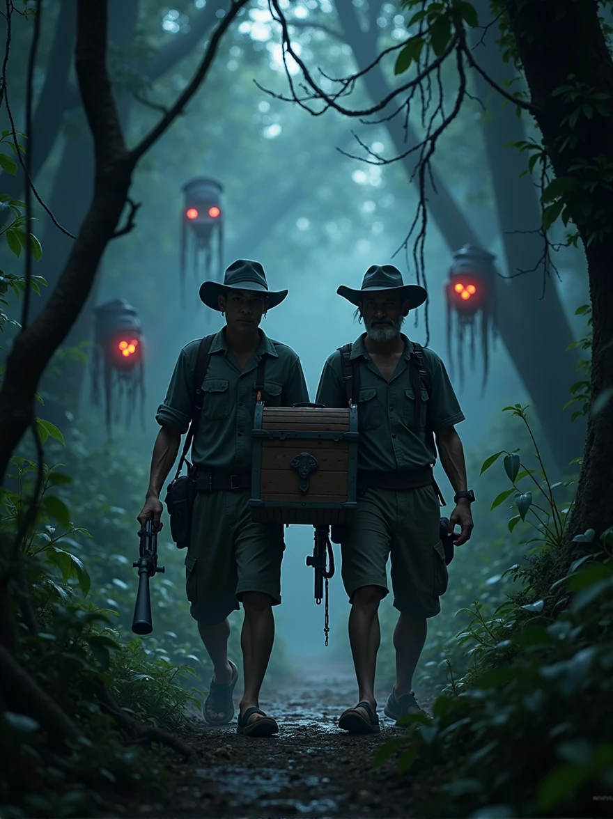 Two Cambodian hunters carrying guns carrying a treasure chest through the jungle at night with many red-eyed spectacles