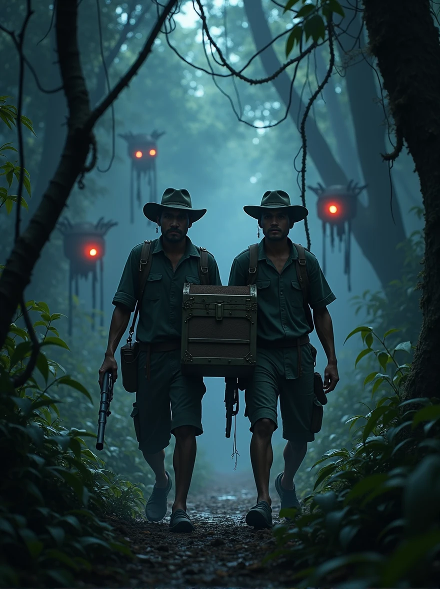 Two Cambodian hunters carrying guns carrying a treasure chest through the jungle at night with many red-eyed spectacles