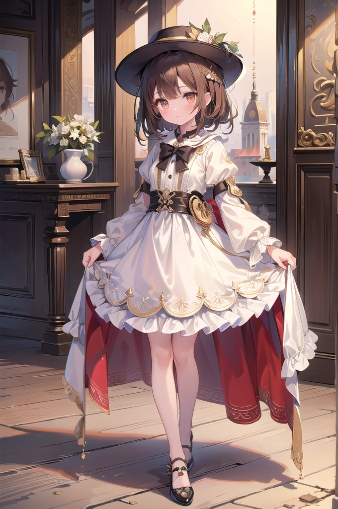 (masterpiece, Best quality, Very detailed CG, Intricate details: 1.2), 8k wallpaper, masterpiece, Best quality, Super Detail,Textured Skin, Very cute face,Ultra HD, Anatomically correct,Girl,Brown hair,Poker face,Golden Eyes,merchant,White hat,White clothes,Full body picture,Character Design