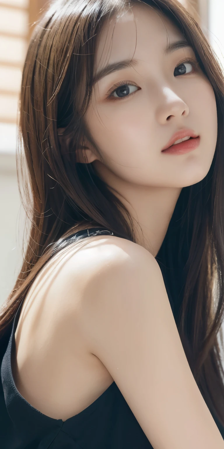 masterpiece、1 beautiful girl、Detailed eyes、Puffy eyes、Highest quality, 超High resolution, (Reality: 1.4), Dazzling sunlight、Japanese、Asian Beauty、Korean、Super Beauty、Beautiful Skin、Slender、Body facing forward、(Surreal)、(High resolution)、(8k)、(Very detailed)、(Beautiful and detailed eyes)、(Ultra-detailed)、 (wallpaper)、Detailed face、Bright lighting、Professional Lighting、View your viewers、Look straight ahead、(She is wearing a neat black shirt and dress.)、(Laughter,1.2)、Brown Hair、Nogizaka Idol、Korean Idol、Gravure idol pose、、Age 25、expensive,