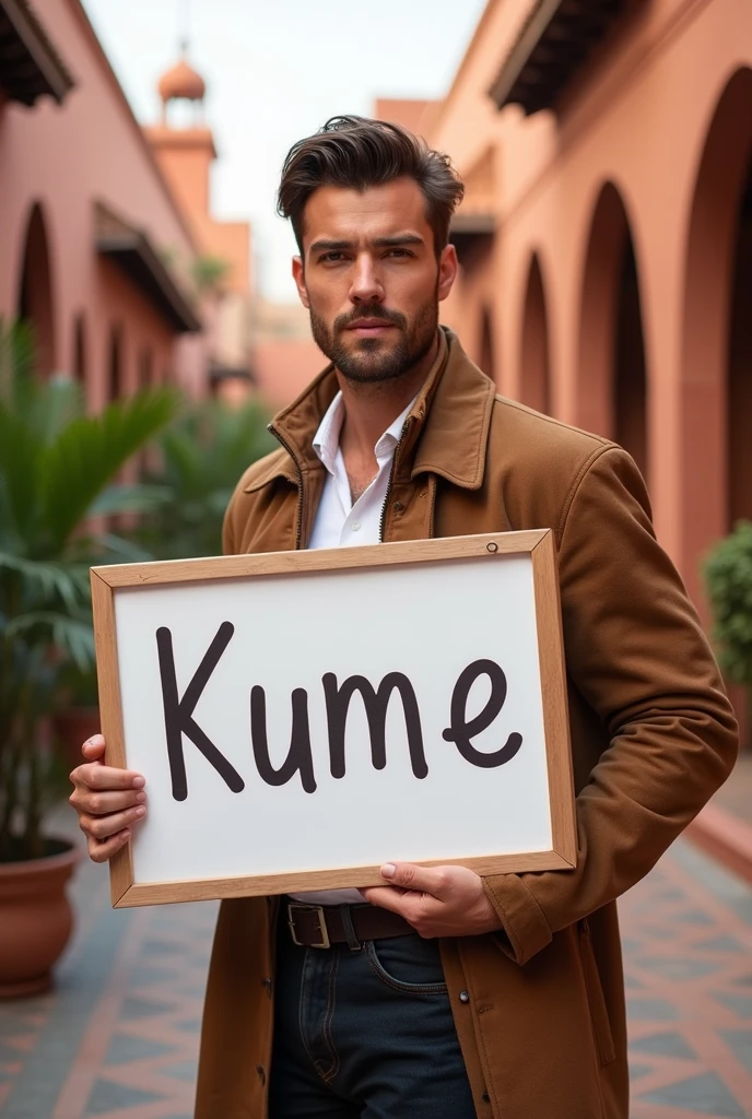 Handsome man with short wavy hair, holding a whiteboard with text "Kume" and showing in marrakech morocco