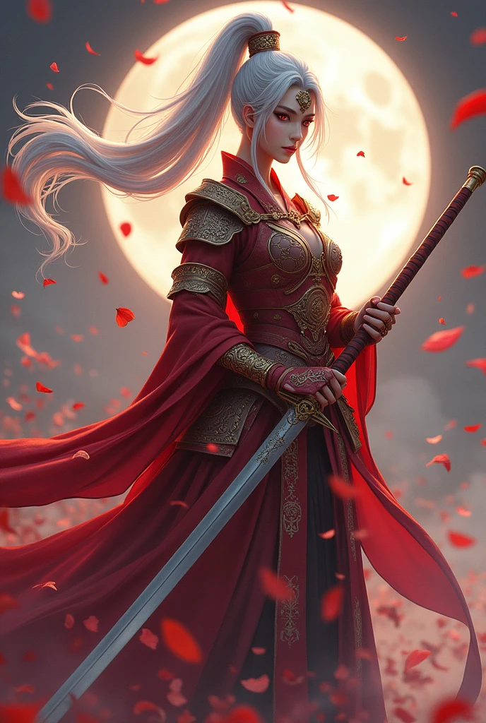 vagabond , long silver pony tail hair , red eyes , gold adornments, full body, chinese martial arts armor, long sword, petals in background with moon