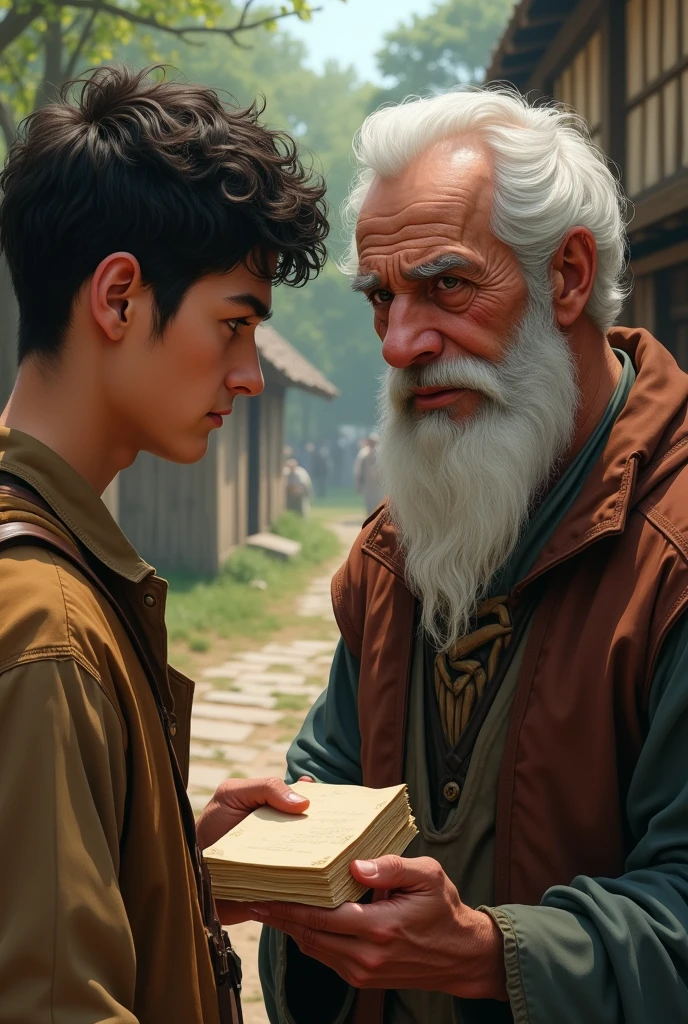 Aryan Approaches the Wise ManPrompt: "Close-up of Aryan, looking nervous and sad, as he slowly approaches the wise old man. The villagers gradually leave, and Aryan is left alone with the wise man, who smiles warmly at him. The wise man hands Aryan a folded piece of paper, instructing him to carry it around the village for the day
