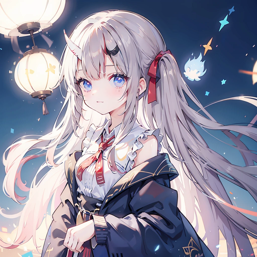 (Extremely refined: 1.2), 1 Girl, Bangs, blue eyes, Vague, Vague background, bow, Brown hair, Residence, side view, Hair between the eyes, hair bow, lantern, Light Particles, Long sleeve, Looking at the audience, Medium Length Hair, night, red bow, Solitary, Star(Symbolism), Upper Body, Smile, Red lips