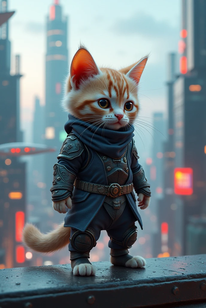 A small, cute cat ninja wearing futuristic armor, standing on the rooftop of a building in a futuristic city. The cat has a sleek and agile appearance, with sharp, focused eyes. The cityscape in the background is filled with tall, modern skyscrapers, neon lights, and flying vehicles.