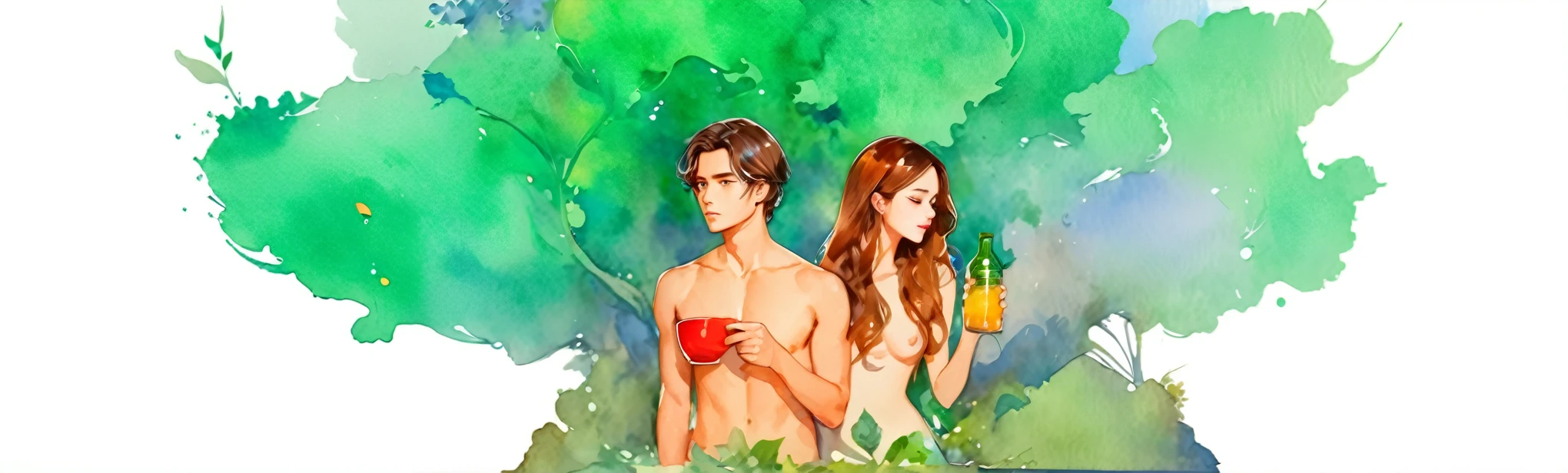 watercolor painting, 1 man holding cup glass, 1 woman holding jucie bottle,(human watercolor painting:1.5), white background, minimalism, naked, leaves cloth, vegetation covering genital, brunette hair, woman breast covered by hair,8K Quality、Intense watercolor, Detailed watercolor art, Watercolor splash, Surreal, avant-garde pop art, Beautiful and expressive paintings, Beautiful artwork illustration, Very colorful tones, wonderful, Cool beauty, highest quality、Official Art, Vector art, Stylish design, (((The most beautiful girl))), (((highest quality))), HDR, ((detailed)), (((Doodle Art)), ((masterpiece)), ((Super detailed)), (((Stylish)))