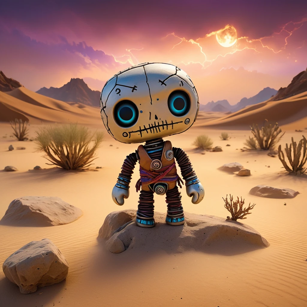 (knitted toy voodoo doll:1.7)
(Voodoo at the bottom of a dried-up lake with animated cracks and rocks:1.5)
(Clothing: tattered explorer attire with glowing desert patterns:1.0)
(Accessories: miniature floating dust clouds, tiny glowing cracks in the earth, small enchanted desert plants:1.2)
(background: arid, cracked lakebed with flickering light from the setting sun, shadows of distant mountains, and an ethereal mist wrapping around the dry, magical environment:1.2), best quality, masterpiece, detailed soft oil painting, detailed background, dramatic cinematic lighting, soft edge lighting, professional, dramatic lighting, hard edge lighting, ultra quality, 4k, masterpiece, best quality, 8k, ultra high definition, high resolution, extremely detailed