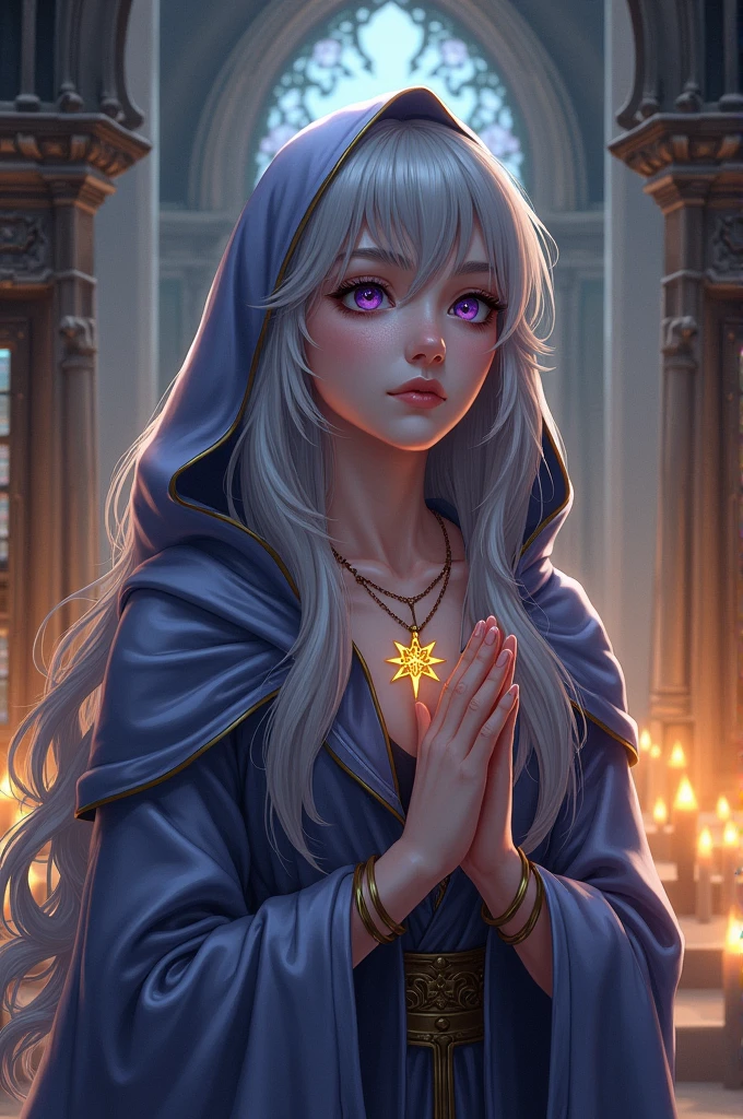 A pretty girl with silver hair and violet-colored eyes is praying in a sept. On her neck is a seven-pointed star, a sign of the faith of the Seven. Her hair was hidden by a hood.