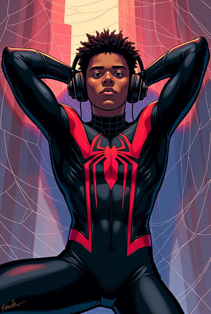 Miles Morales in his black Spiderman suit , comic type , without mask, with his arms behind his head , lying on a spider web and listening to music with big headphones