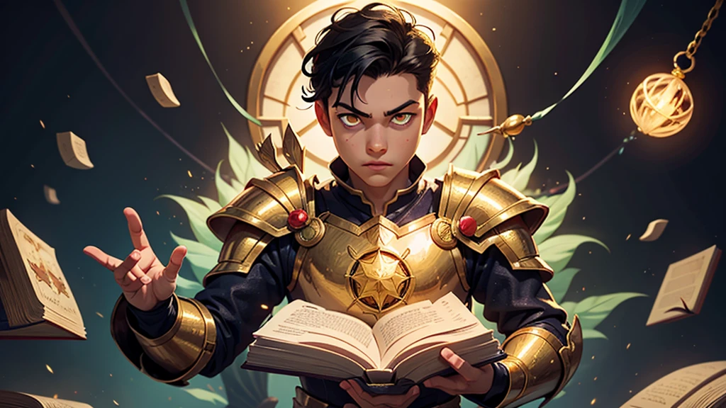 Young hero is reading magic book, one boy, levitating, black hair, golden eyes, armour, hands movement