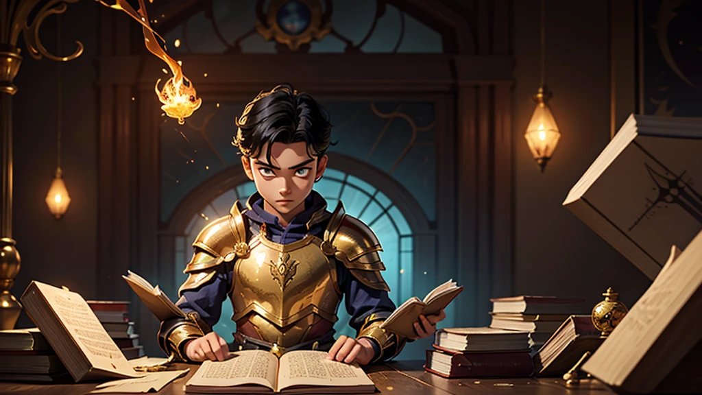 Young hero is reading magic book, one boy, levitating, black hair, golden eyes, armour, hands movement