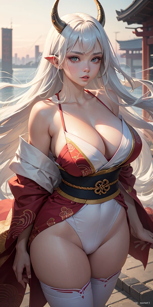 {{{best quality}}}, {{ultra-detailed}}, {illustration},{{{masterpiece}}}, japanese manga 「white suit woman」beautiful asian oni female warrior, wearing short fall off shoulders kimono , with thick curvy mature body yet muscular, long and voluminous white hair blown by the wind, 2 long oni horns, reddish fair skin , perfect face features expressive eyes , thick lips