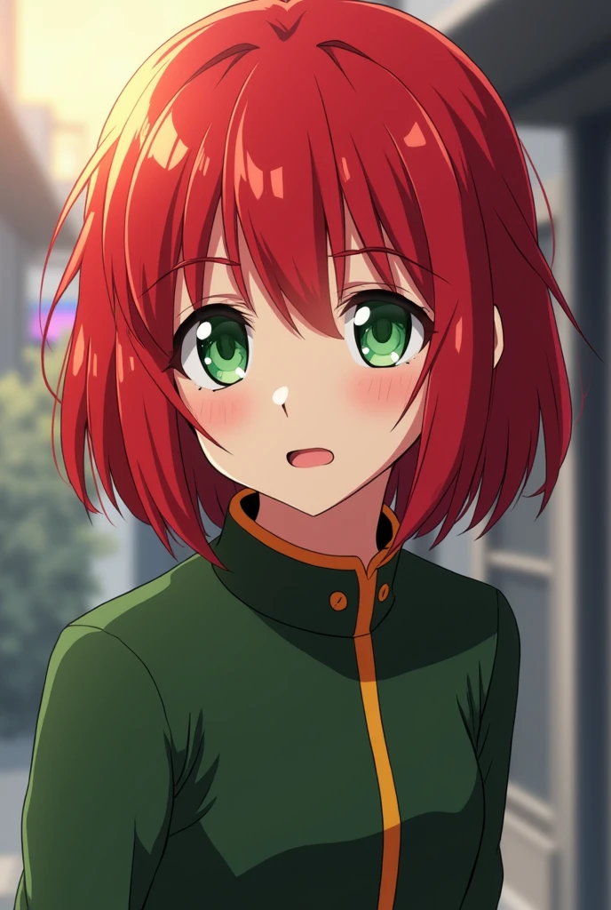Seventeen year old teenager with bright red hair and emerald green eyes, anime Tokyo Revengers