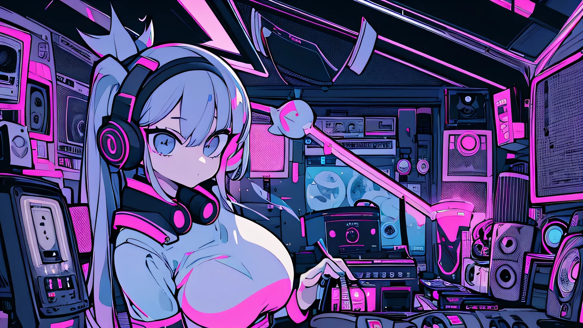 Best quality, (masterpiece), best detail face,1 girl, big breasts, 18 yo, 8k,absurdres,unity 8k wall paper,(extremely detailed:1.3), highest realistic, (retro headphones:), (soft neon light:), (psychedelic), Her room full of music equipment and records, sports wear , See the whole room , dark grey color pallet, pony tail hair