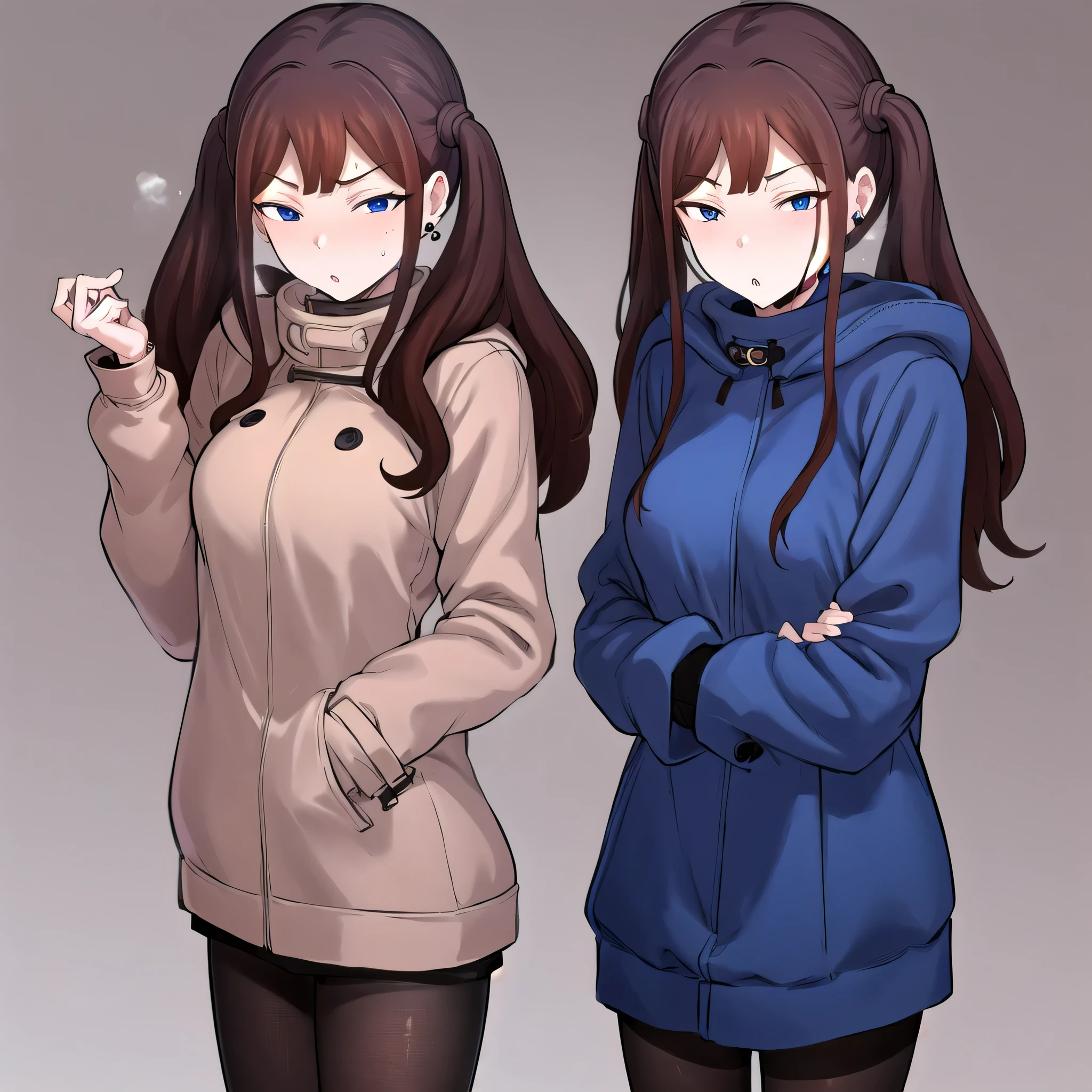 Tsubame NTR, long hair, blue eyes, brown hair, twin tails,
long sleeves, jewelry, pantyhose, earrings, hood, black pantyhose, hoodie, hooded down jacket, ear piercings, watch, blue hoodie,
coat, brown coat, turtleneck,