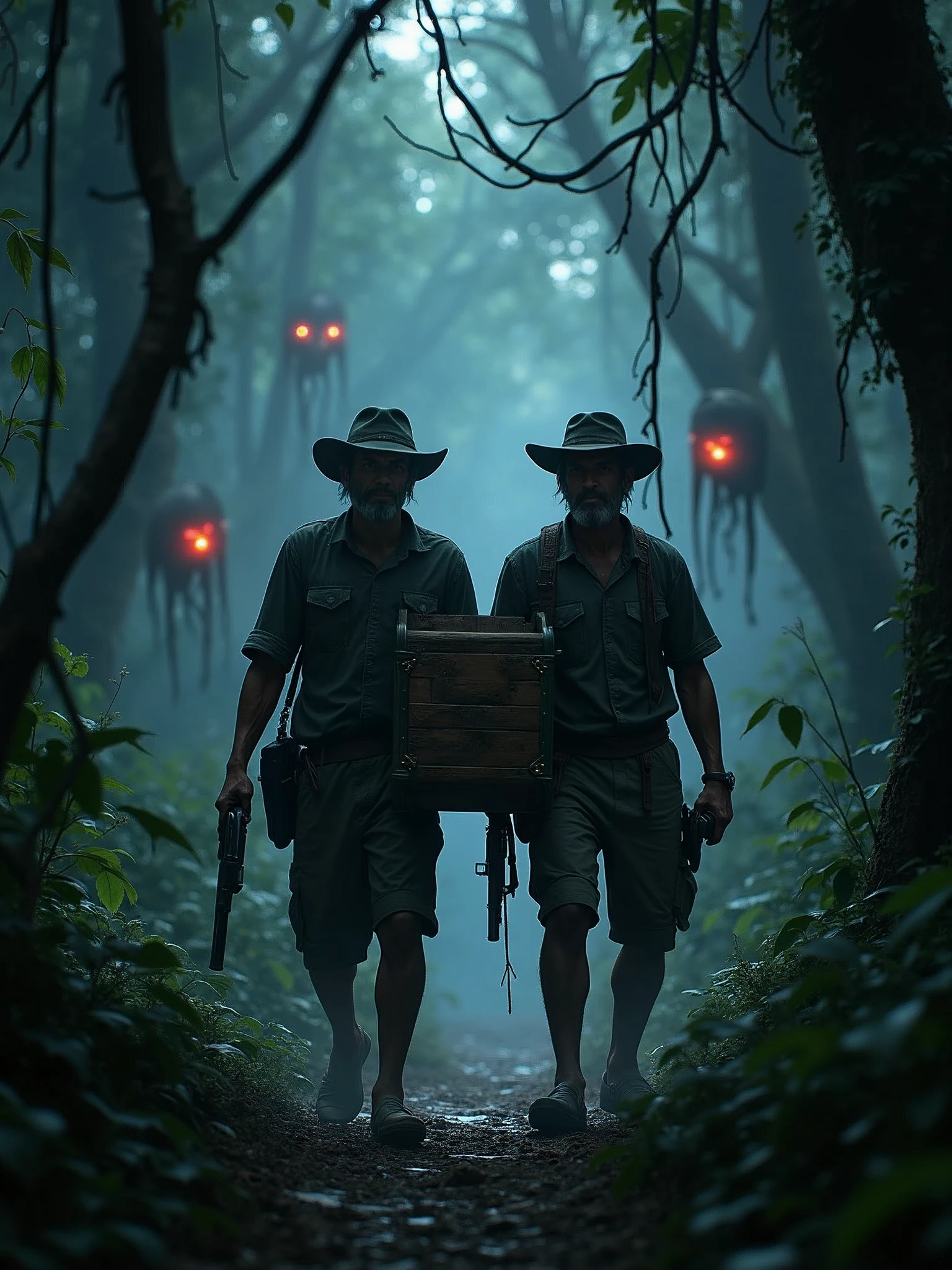 Two Cambodian hunters carrying guns carrying a treasure chest through the jungle at night with many red-eyed spectacles