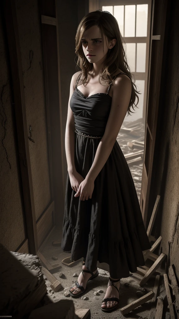 ((Emma Watson)), Long Hair, (Top quality, 4k, 8K, high resolution, Masterpiece: 1.2), Super detail, (realistic, photo realistic, photo-realistic: 1.37), oil painting, vivid colors, dark lighting, horror, mass kidnapping, forced collective sex, sex slave, slit, split cloth, helpless beautiful girl, struggling, seductive beauty, Wild gang members, intense emotions, teary eyes, fear floating on her face, tied realistic hands and feet. In an abandoned tuff house, sassi_di_matera in background, dusty atmosphere, quiet cries, blood-freezing cries, begging for mercy, pain and anguish, anxious shadows, gritty textures, ominous atmospheres, emotional scenes, tooth-clenching fears, sharp claws, indomitable chains, evil intentions, horrible details, lurking danger, a sense of hopelessness, hopelessness, horrible