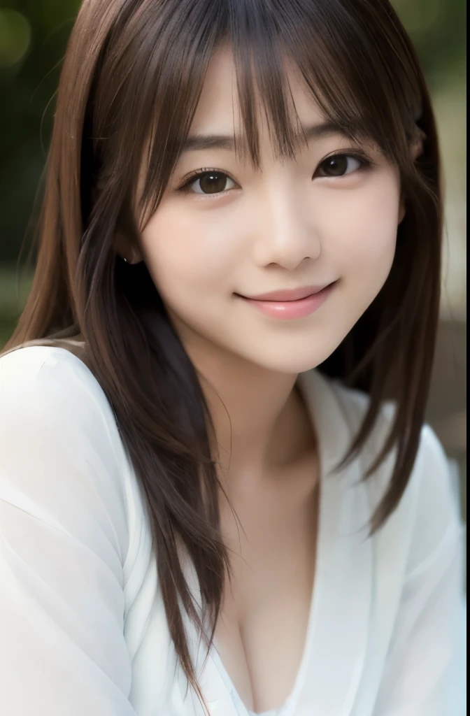 best quality, face focus, soft light, ultra high res, (photorealistic:1.4), RAW photo,(Shinozaki Ai), white skin, kawaii, 1 Japanese girl, solo, cute, (smile), (pupil, lights in the eyes), detailed beautiful face, Medium-sized breasts,(high resolution detail of human skin texture),(long hair),(portrait), upper body, white traditional kimono,