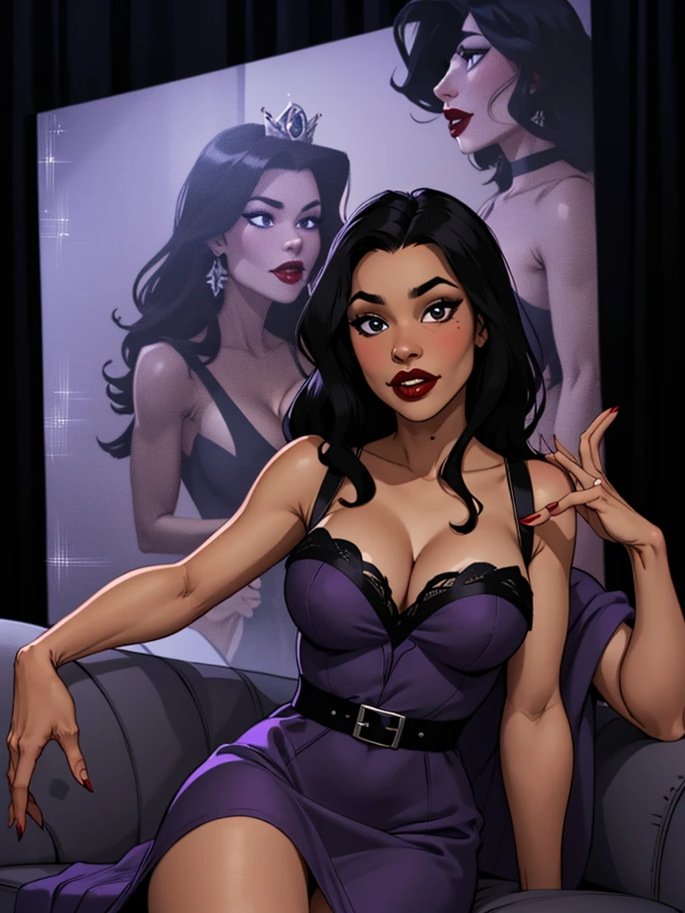princess with black skin with long black hair, wearing a purple dress, cleavage, wearing red lipstick, black skin