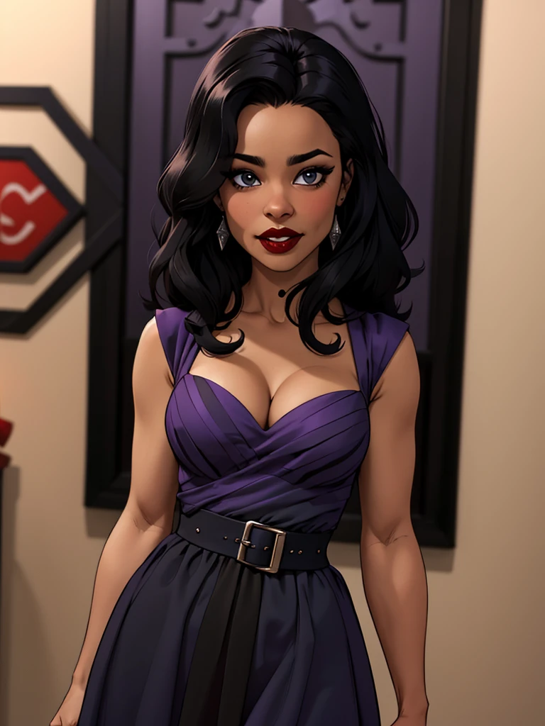 princess with black skin with long black hair, wearing a purple dress, cleavage, wearing red lipstick, black skin