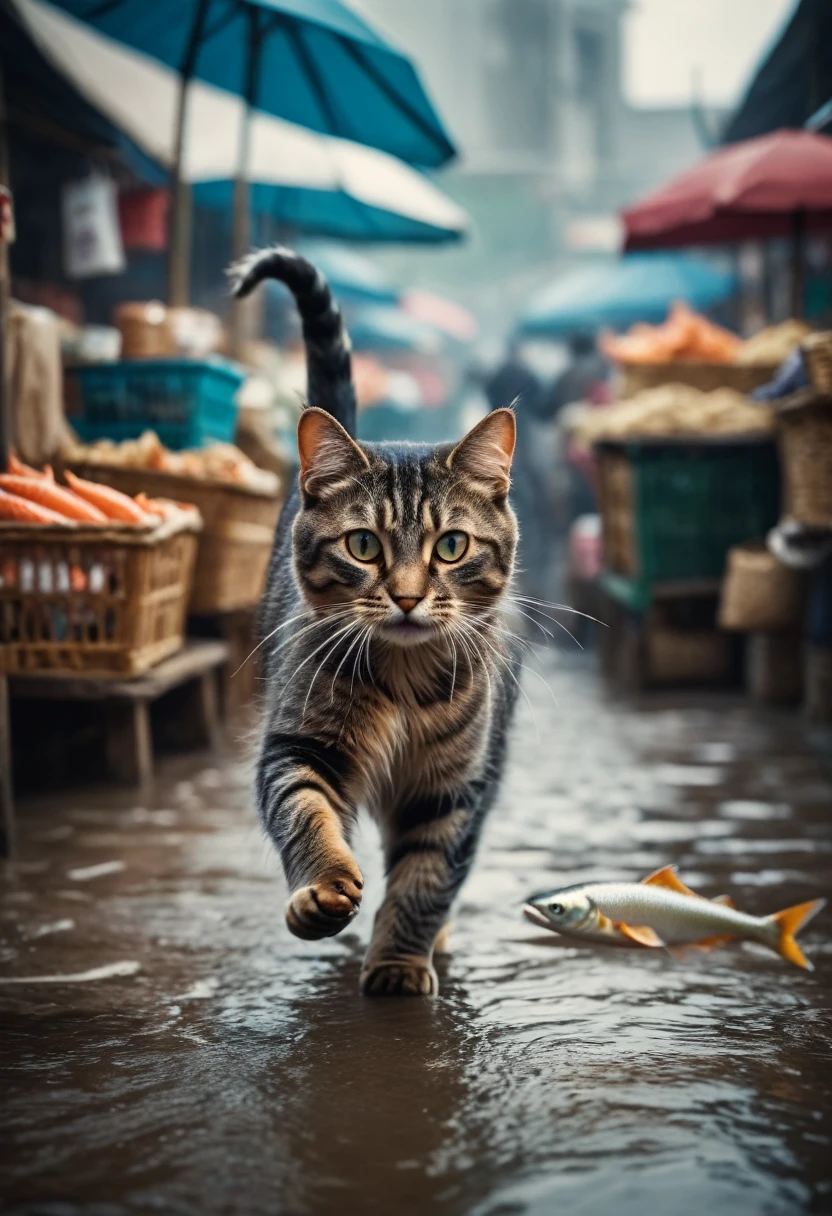 Cinematic still of cat holding fish with paws, running away in a market. . Shallow depth of field, vignette, highly detailed, high budget, bokeh, Cinemascope, moody, epic, gorgeous, film grain, grainy