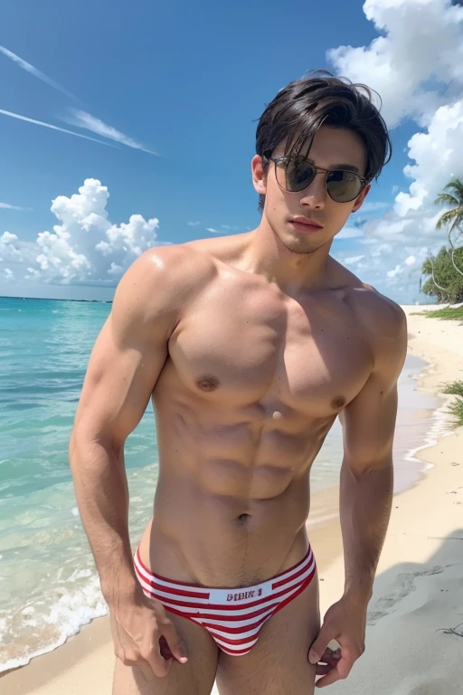 Create a 64k virtual reality photo of a white sandy beach scene contrasting with a bright blue sea, soft sunlight, low-angle portrait of a handsome Vietnamese young man with a dark, fine skin, short hair, a well-proportioned body, beautiful muscles, wearing red and white striped underwear, standing on the sandy beach.