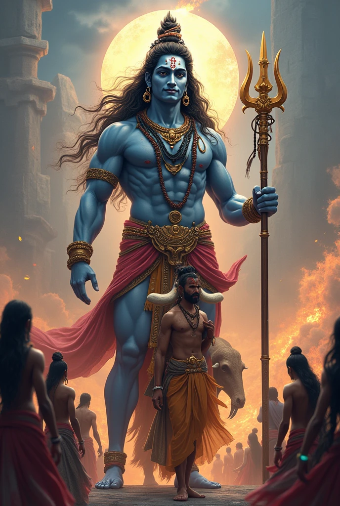 Medium mascular Lord shiva full screen 4k . Take inspiration from Hindi god shiva. Smiling face with his trishul and nandi sitting beside his legs . And a handsome Rajput(Kshatriya) middle mascular adult male devotee praying him from side in standing position 