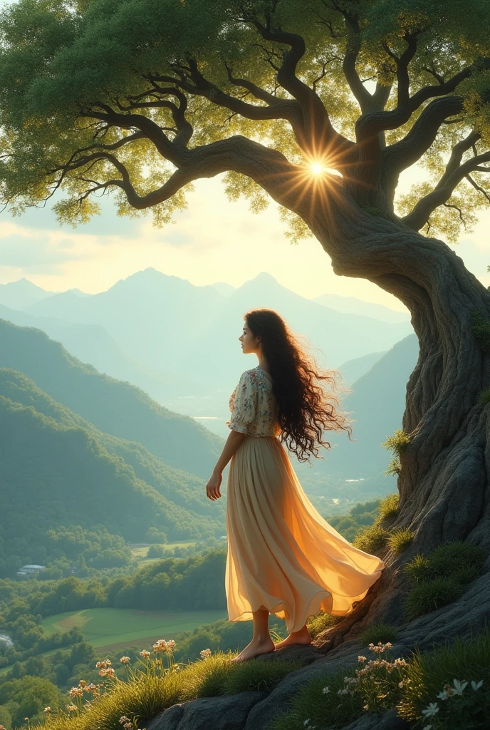 a brunette girl, with long curly hair is under a giant tree on the highest mountain, the view is stunning both of the landscape and the girl&#39;s beautiful body, your hair moves in the gentle breeze and the sun shines on it, she is dressed in a skirt and a flowery peasant shirt 