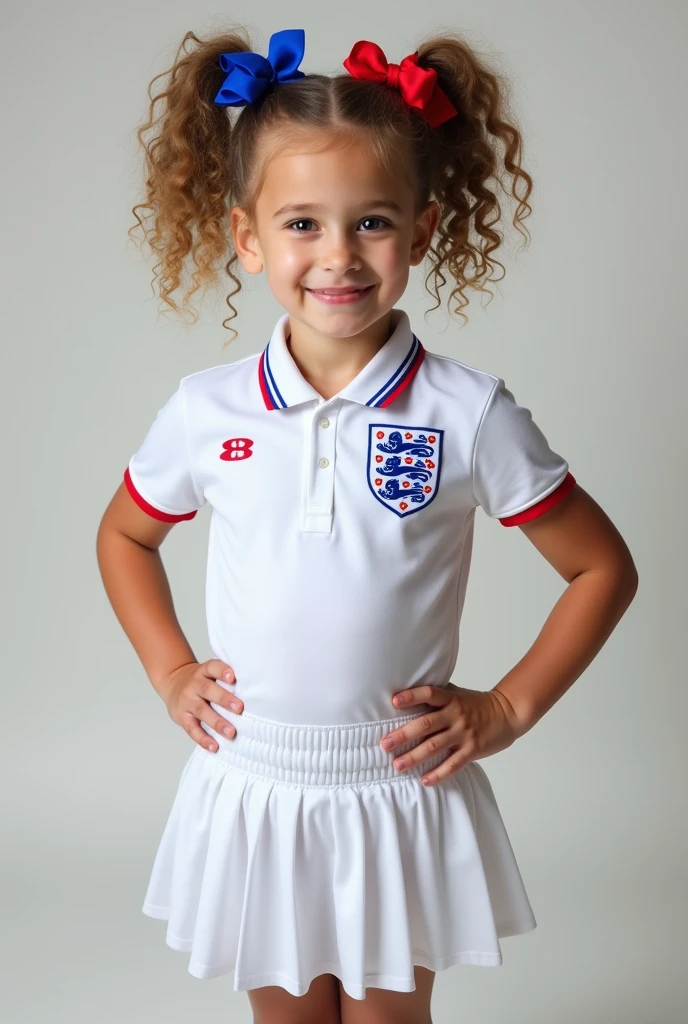 Five-year-old girl's sports uniform with full-body skirt, represents England, the color of the uniform is white, with blue and red just like the bows she has in her two ponytails.