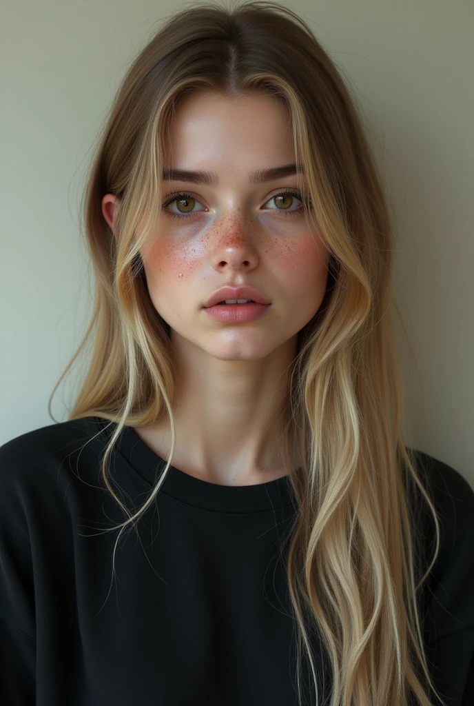 A young woman of 20 years, Blonde hair from root to tip, that reaches below the shoulders, straight hair, Brown eyes, drooping eyes with dark circles, splattered nose, thin lips soft color, with a black sweatshirt. with masculine features, thick eyebrows, without makeup, no freckles. realist