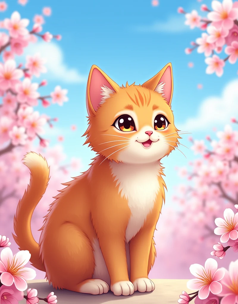 orange tabby cat,cute,(cherry_blossoms:2),blue sky