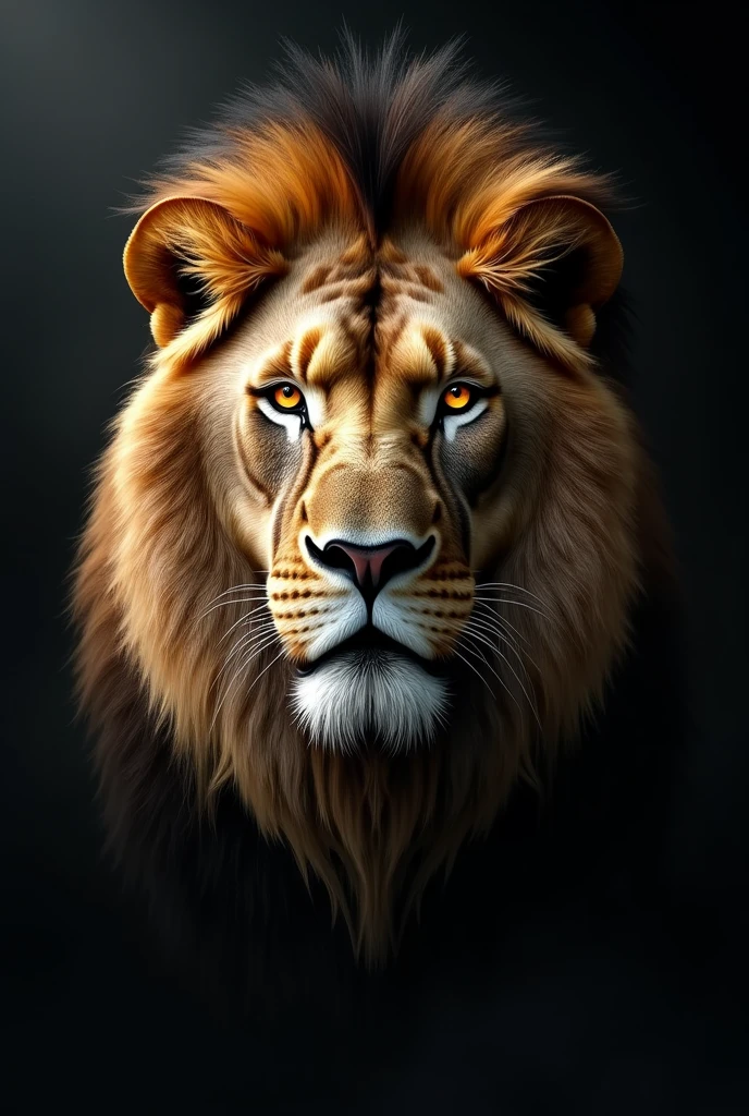 Create an 8k high-resolution, hyper-realistic image of a majestic lion in a dramatic, low-light setting. The lion should be depicted with intense detail, capturing the texture of its fur, the depth of its eyes, and the powerful structure of its face. The image should focus on the lion's face, with its mane blending into the dark background, creating a striking contrast. The lion's eyes should be a vivid, piercing amber, glowing with intensity against the otherwise monochrome color palette. The overall atmosphere should be one of power and mystery, with the lion's presence dominating the scene in a way that feels both regal and ominous.