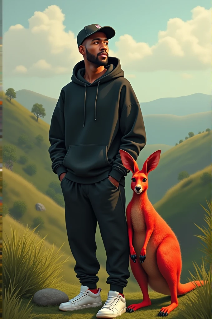I want an image of the blessed artist with a red kangaroo and his black jogger sweatshirt and white Jordan tennis shoes and his flat cap on his head. 