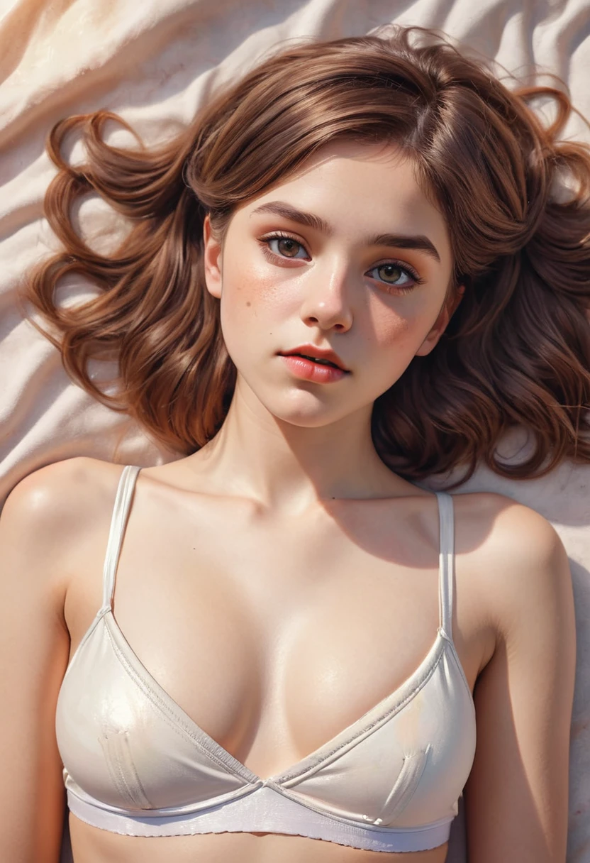 Bird's eye view, high angle, (Cinematic photo, view from above:1.3) From (Thigh-length photos:1.3),(slim:1.2) ((mini white CROPTOP, tight micro white thong, NAVEL)) Beautiful 18 year old girl, (complex brown hair), Highly detailed texture кожи, realistic texture кожи, looks straight into the camera, (looks at the viewer) ), pout, small breasts, Shine, Dramatic, Dreamy, pastelный цветочный сад, elegant, strange, gentle, Highly detailed, difficult, UHD Digital Photography, Fantasy theme, narrow shoulders, Photo to the knees , beautiful young girl, Beautiful body, highly detailed full-length shot, Dreamy, pastel, watercolor, strange, gentle, detailed hair band, Highly detailed texture, realistic texture, digital painting, highly detailed photo, (art deco: 1 .хFromоралFromм:1.3),(Classic realotm:1.3),(Fujifilm Superia:1.3),, golden hour light, ((BELLYBUTTON))