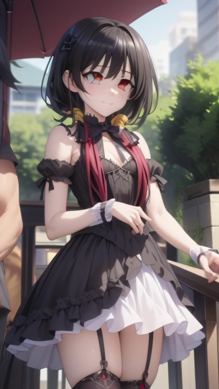 kurumitokisaki, tokisaki kurumi, clock eyes, black hair, twintails, (red eyes:1.5), (yellow eyes:1.5), (heterochromia:1.5), (small breast:1.3), smile, BREAK hairband, dress, bow, ribbon, (gothic fashion:1.5), gothic, BREAK outdoors, city, night, sky, star \(sky\), BREAK looking at viewer, (cowboy shot:1.5), BREAK (masterpiece:1.2), best quality, high resolution, unity 8k wallpaper, (illustration:0.8), (beautiful detailed eyes:1.6), extremely detailed face, perfect lighting, extremely detailed CG, (perfect hands, perfect anatomy),