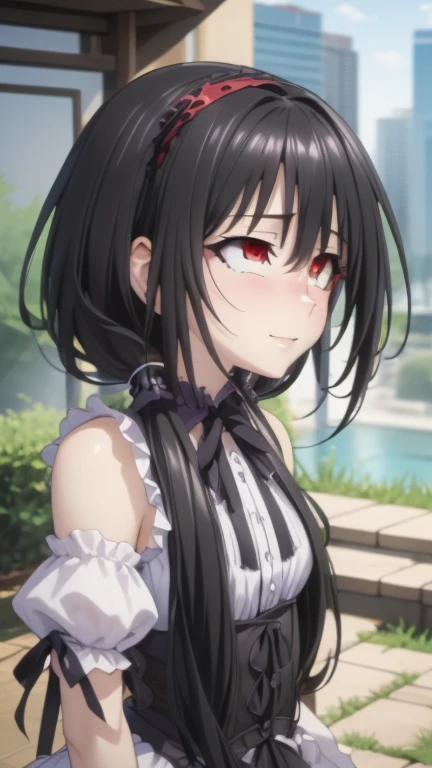 kurumitokisaki, tokisaki kurumi, clock eyes, black hair, twintails, (red eyes:1.5), (yellow eyes:1.5), (heterochromia:1.5), (small breast:1.3), smile, BREAK hairband, dress, bow, ribbon, (gothic fashion:1.5), gothic, BREAK outdoors, city, night, sky, star \(sky\), BREAK looking at viewer, (cowboy shot:1.5), BREAK (masterpiece:1.2), best quality, high resolution, unity 8k wallpaper, (illustration:0.8), (beautiful detailed eyes:1.6), extremely detailed face, perfect lighting, extremely detailed CG, (perfect hands, perfect anatomy),