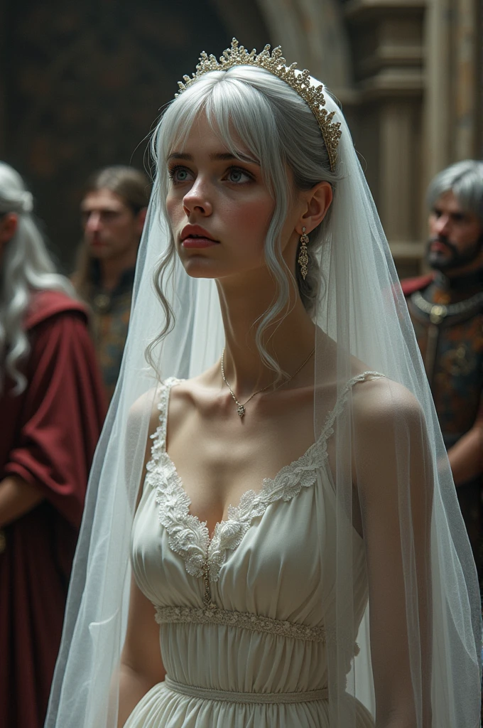A wedding in the Middle Ages. A girl with silver hair and violet eyes, she is dressed in a white closed dress and a veil that hides her hair. Her fat, fat and ugly fiance with silver hair and violet eyes is waiting for her at the altar. The girl is crying.