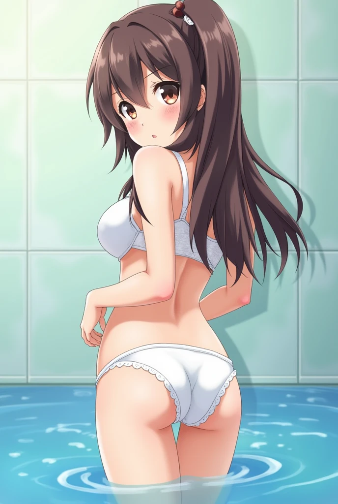 Please show me an image where an anime girl shows us her underwear where the girl is soaked with water and her private parts are marked.