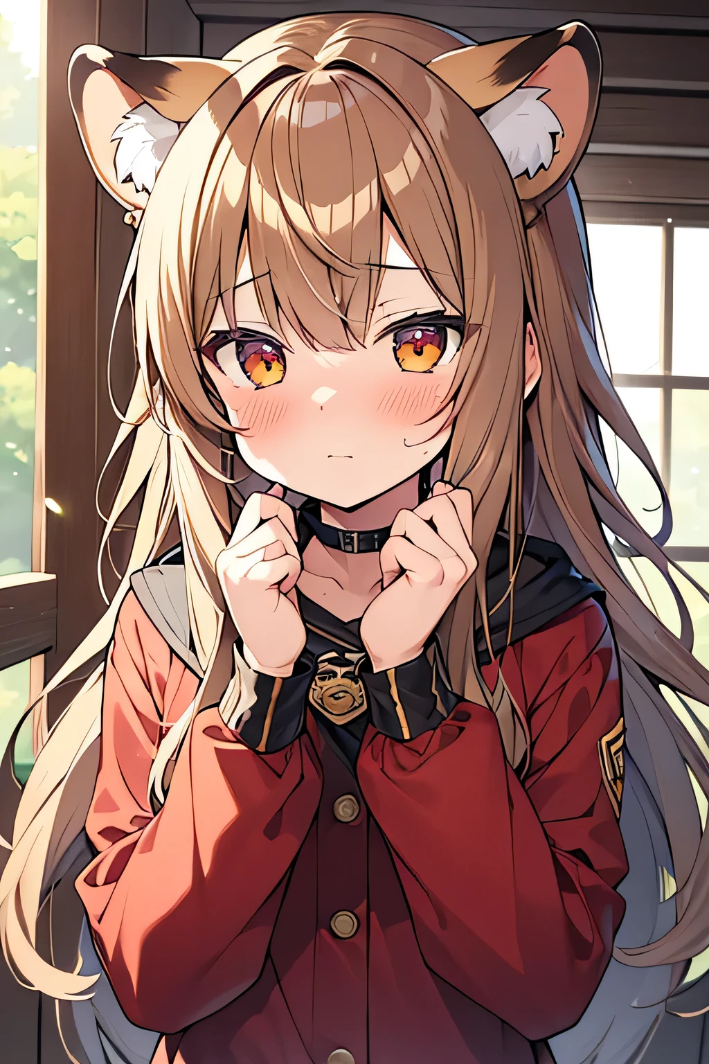 masterpiece,best quality,super detailed,super fine illustration,8k,Moe anime style light brown hair,Tiger brown cat ears,Blushing,Having mushrooms,uniform,Red Hood,Girl,18yo,cute cute cute,tired tired tired,OPA OPAL OPAL,kawaii kawaii kawaii,pastel color,Watercolor style, perfect lighting ,perfect hands,cute face,