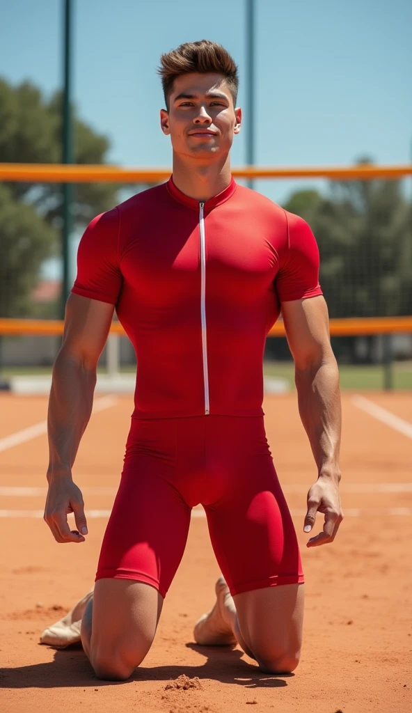 masterpiece,best quality,highres, ultra detailed ,(An 18-year-old boy with extraordinary development:1.2), (Tall and fit body),Male model height,solo focus,(Kneeling upright on the volleyball court),Look up at the character head-on,Stay away from the camera,Exaggerated muscular physique,exaggerated physique,(Wearing a red tight-fitting cycling suit),(Broad and straight shoulders),Longer neck,Muscular shoulders,Strong and muscular body,Bodybuilding Champion,Muscular body,Fitness,Perfect body proportions,Inverted triangle figure,Biceps,Highlight muscle texture,Slender and toned legs,Small head,Handsome and cute face,Perfectly detailed facial features,Looking at the camera,Excited happy expression,leaning back,head tilt, happy, very short hair, brown hair,(looking at viewer:1.2),full body,Bright Light,Visiotomically correct