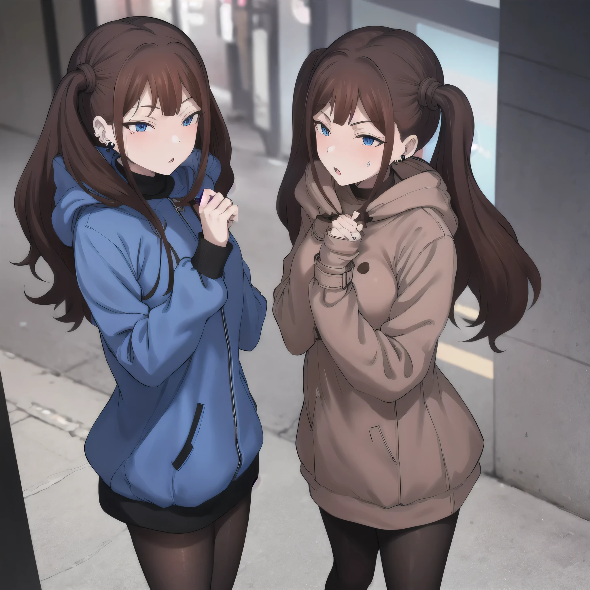 Tsubame NTR, long hair, blue eyes, brown hair, twin tails,
long sleeves, jewelry, pantyhose, earrings, hood, black pantyhose, hoodie, hooded down jacket, ear piercings, watch, blue hoodie,
coat, brown coat, turtleneck,