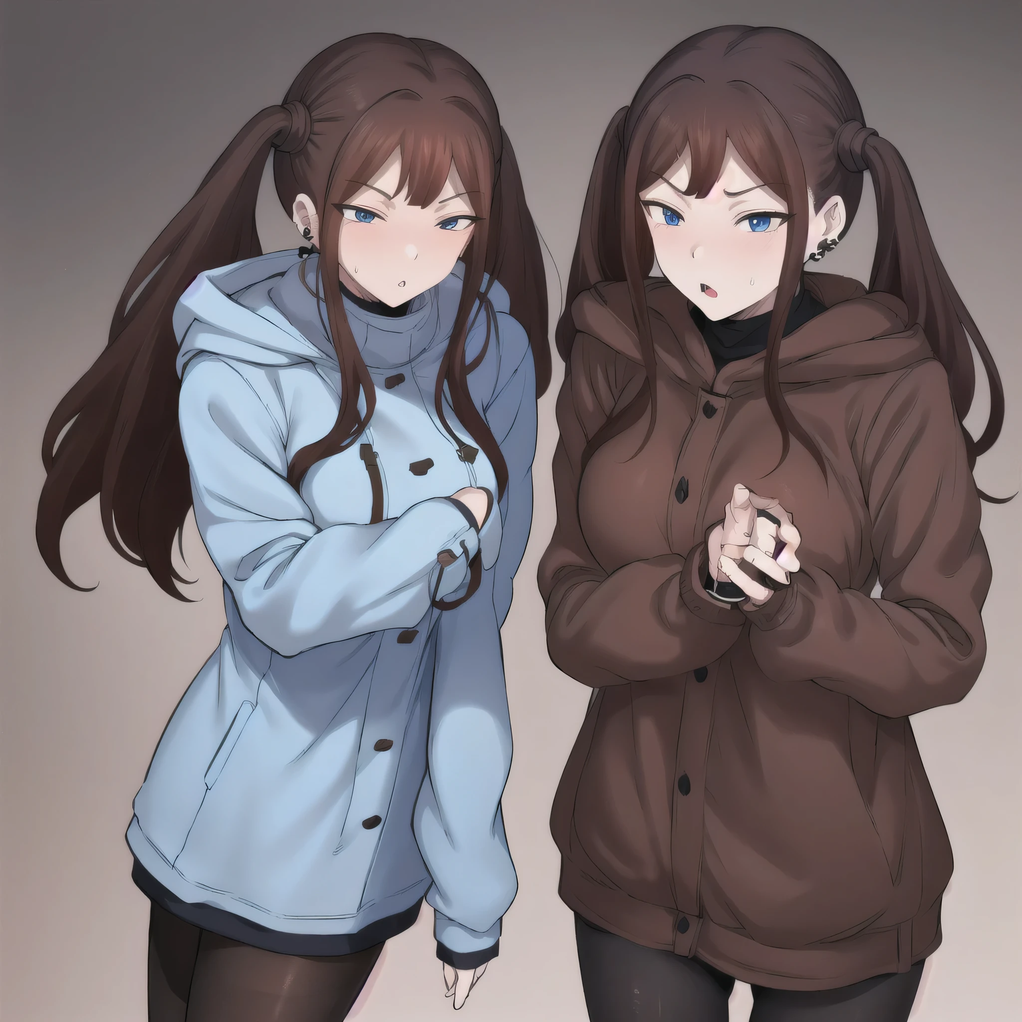 Tsubame NTR, long hair, blue eyes, brown hair, twin tails,
long sleeves, jewelry, pantyhose, earrings, hood, black pantyhose, hoodie, hooded down jacket, ear piercings, watch, blue hoodie,
coat, brown coat, turtleneck,