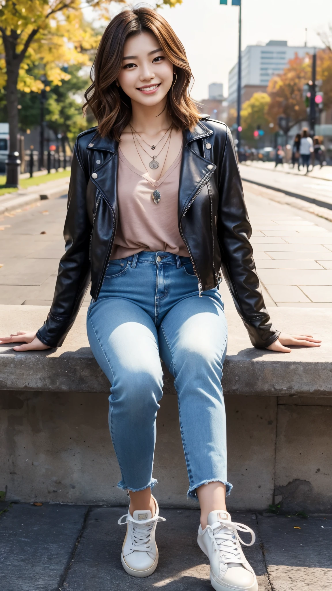 Super Resolution、Beautiful Korean Women、Full body photo、sitting on a park bench、Short Haircut、Light brown hair、Wavy Hair、Ear piercing、necklace、leather jacket、shirt、Skinny jeans、sneakers、smile、Beautiful teeth alignment