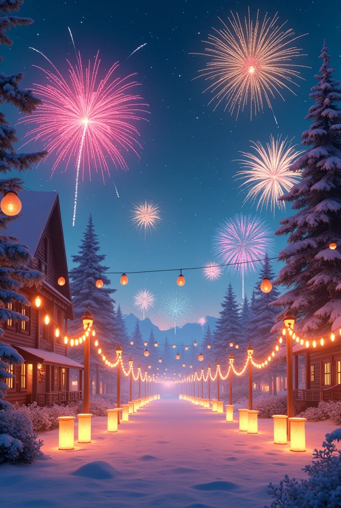 Create a picture of the December holidays with lights, lanterns and fireworks